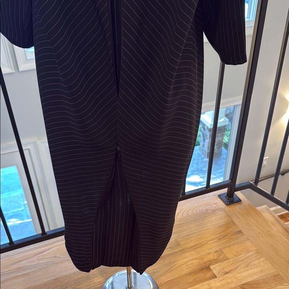 ELM Pinstriped Black Dress with Mandarin Collar and Bishop Sleeves - Picture 8 of 11